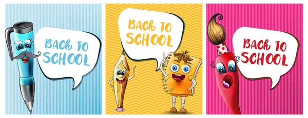 Volver a la escuela cómics personajes de dibujos animados Vector. Notebook pluma y regla divertidos personajes ilustración acuarela estilos — Archivo Imágenes Vectoriales