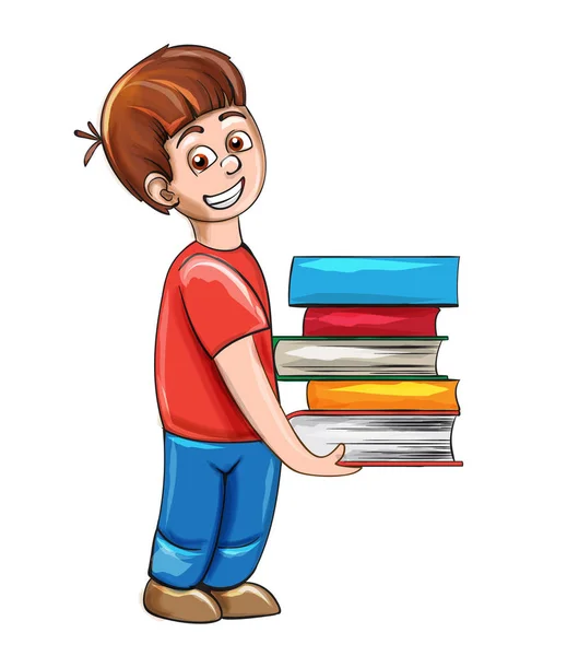 Chico sosteniendo un montón de libros Vector. Sonriente escolar feliz emociones — Archivo Imágenes Vectoriales