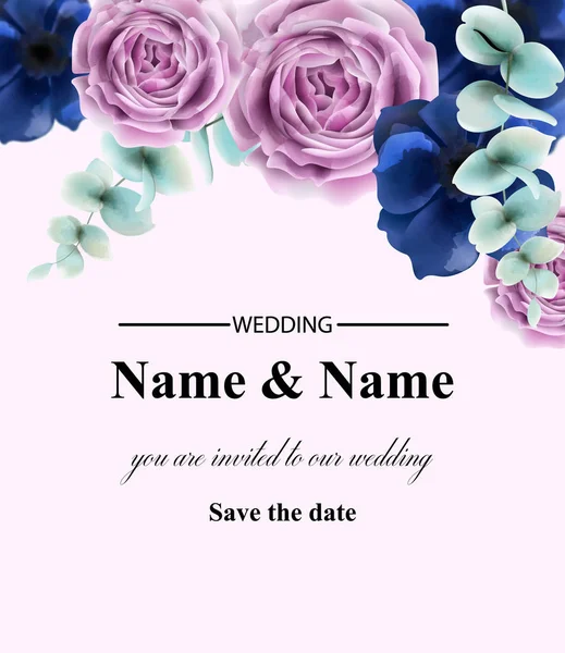 Ροζ λουλούδια κάρτα ζωγραφική διάνυσμα. Vintage ρετρό στυλ γαμήλια πρόσκληση ή χαιρετισμούς — Διανυσματικό Αρχείο