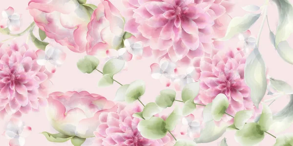 Chrysanthèmes roses fond floral Aquarelle vectorielle. Textures délicates de décor — Image vectorielle