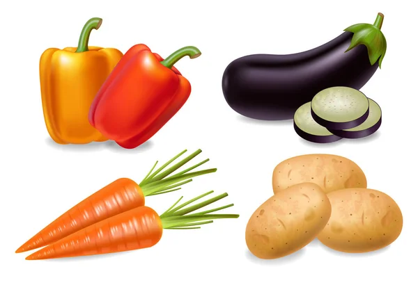 Carrot, pepper and aubergine set Vector realistic 3d detailed illustrations — Stock Vector