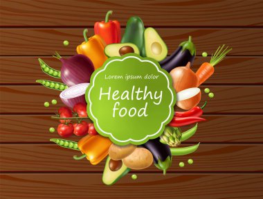 Sebze afiş Vektör gerçekçi. Avokado, patlıcan, havuç ve domates ayrıntılı 3d çizimler