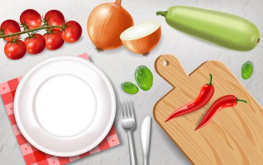 Vejetaryen yemek hazırlama Vektör gerçekçi. Beyaz tabak sağlıklı gıda şablonları