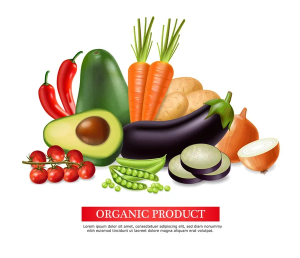 Groenten banner vector realistisch. Avocado, aubergine, wortelen en tomaten gedetailleerde 3D-illustraties — Stockvector