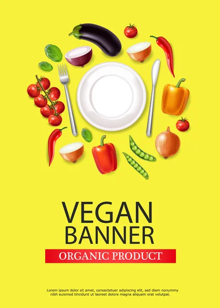 Vegan tallrik banner vektor realistisk. Aubergine, peppar och tomater detaljerade 3D-illustrationer — Stock vektor