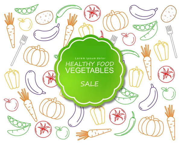 Friska grönsaker affisch linje konst färgglada vektor. Mallar för grön etikett-banderoll — Stock vektor