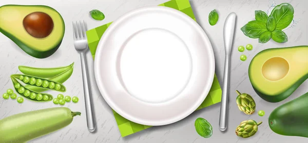 Avocado und Grüne Plakatvektor realistisch. Vorlage für gesunde Ernährung: weißer Teller — Stockvektor