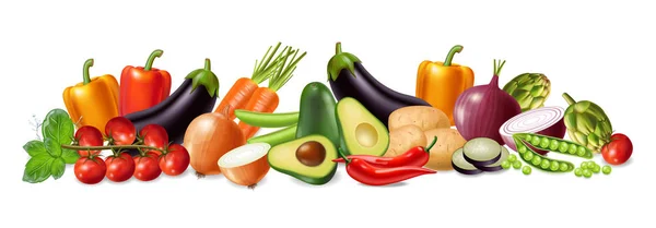 Banner de verduras Vector realista. Aguacate, berenjena, zanahorias y tomates ilustraciones detalladas 3d — Vector de stock