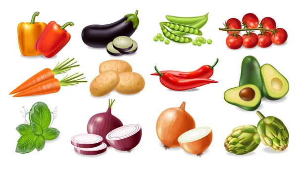 Ensemble de légumes collection vectoriel réaliste. Avocat, aubergine, carottes et tomates illustrations 3D détaillées — Image vectorielle