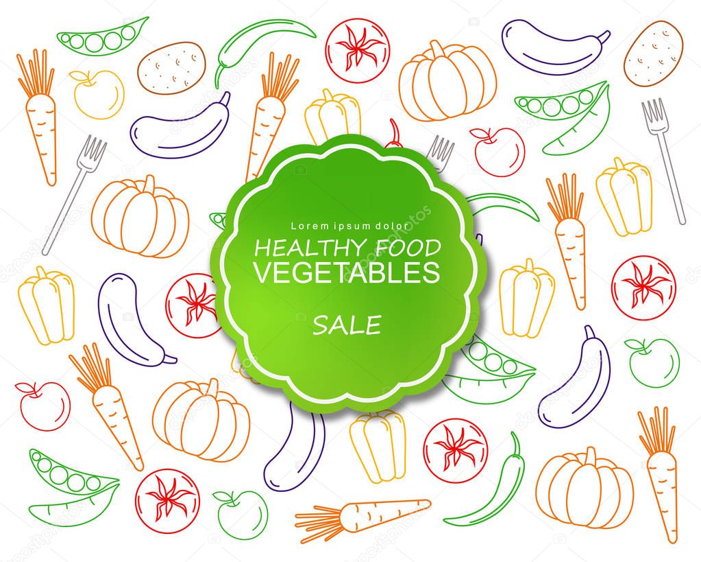 Healthy vegetables poster line art colorful Vector. Green label banner menu templates
