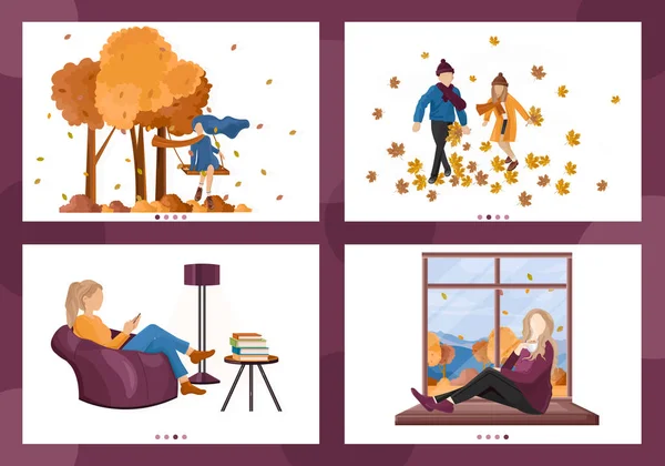 Autumn people lifestyle season Vector. Woman reading, children playing outdoors, people drinking coffee set collection illustrations — Stock Vector