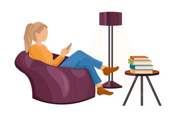 Woman with a smartphone on the sofa Vector flat style. Texting messages or playing games. Leisure lifestyles — Stock Vector