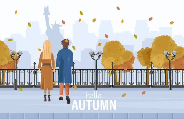Couple walking in New York autumn Vector flat style. Admiring park view. Fall season lifestyles — Stock Vector