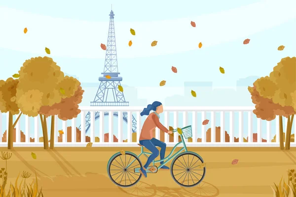 Frau auf Fahrrad in Paris Herbst Vektor. Herbstsaison Lifestyle-Radfahren im Park. eiffelturm auf hintergründen — Stockvektor