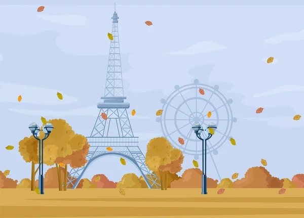 Paris Parc d'automne Vecteur. Poster d'automne paysage urbain. Illustrations Tour Eiffel — Image vectorielle