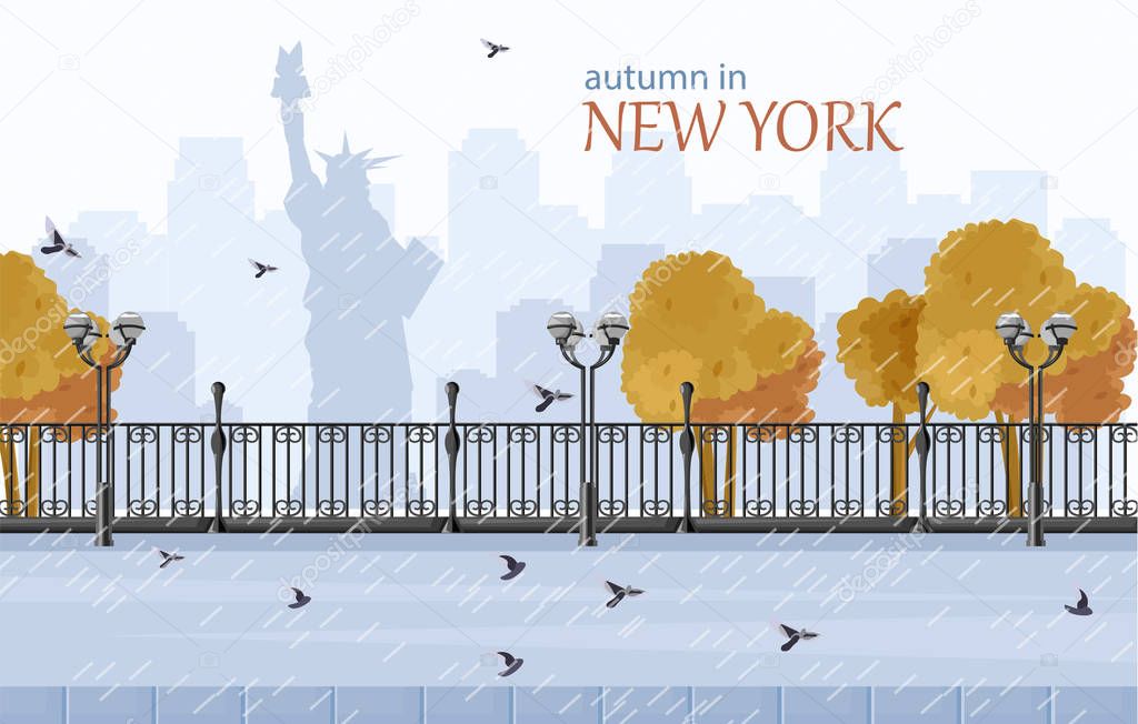 New York autumn Vector flat style. Fall season park views