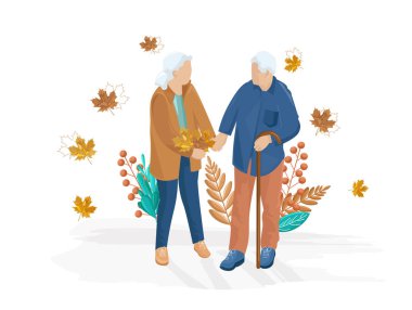 Yaşlı çift yürüyen Vector düz tarzı. Sonbahar sonbahar sezonu illüstrasyonlar