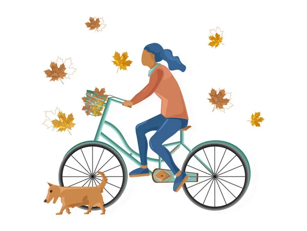 Woman on bicycle Vector flat style. Fall season lifestyle cycling in parks — Stock Vector