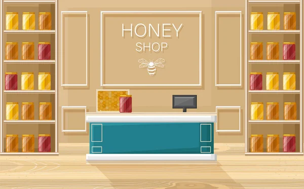 Honig Shop Vektor flachen Stil. Regale mit Vorlagen für Honigflaschen — Stockvektor