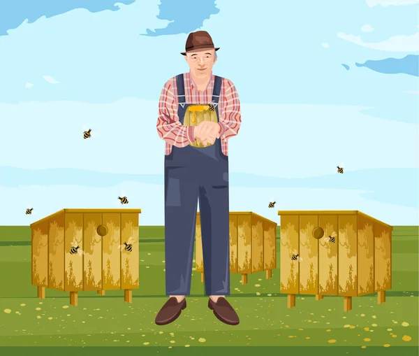 Abelha ilustração vetorial. Produtos ecológicos para agricultores. Homem segurando um jarro de mel — Vetor de Stock