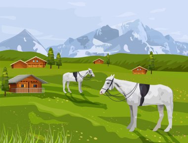 Kırsal peyzaj Vektör at Atlar. Yaz tarım dağları arka planlar görünümü