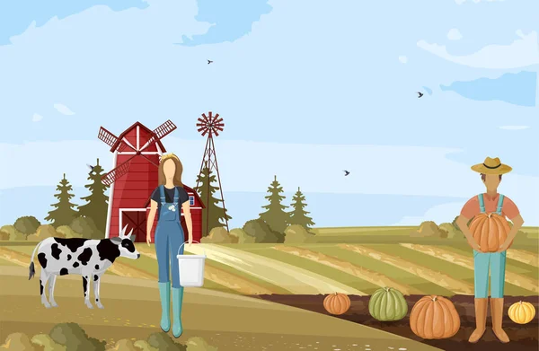 Casal de agricultores a trabalhar no Vector. Agricultura rural modelo de projeto cartazes —  Vetores de Stock