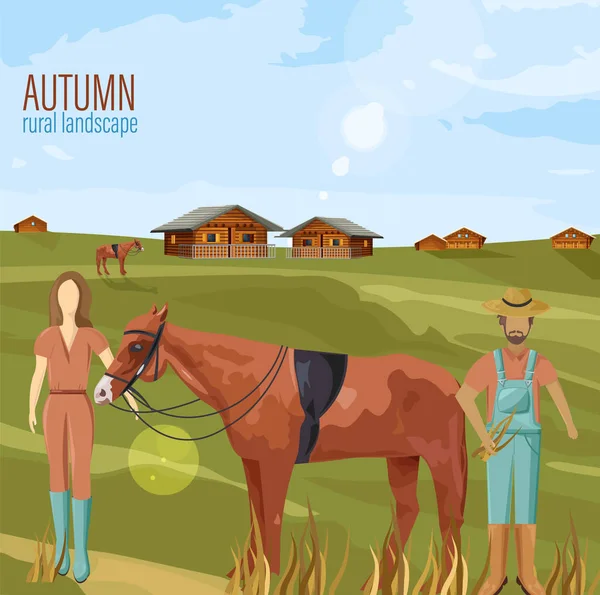 농부 커플, 에서, 가을, 농촌, 풍경 벡터 말 시골 그림을 들고 있는 여자 — 스톡 벡터