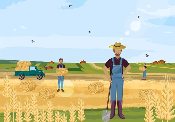 Farmers working hay fields vector flat styles — Stock Vector