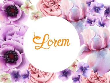 Mor çiçekler Vektör suluboya. Provence rustik posteri. Düğün kartı, doğum günü töreni etkinlik dekorları