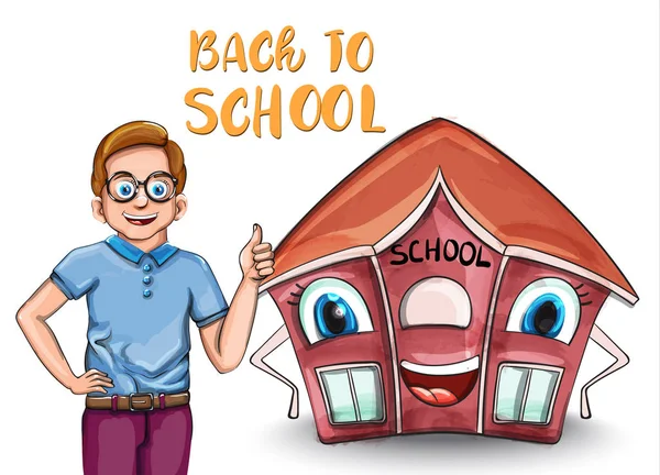 Happy Kid y casa de dibujos animados volver al concepto de la escuela Vector. Personajes de dibujos animados ilustraciones — Archivo Imágenes Vectoriales