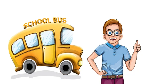 Щасливий хлопчик і шкільний автобус Вектор смішні мультиплікаційні ілюстрації — стоковий вектор