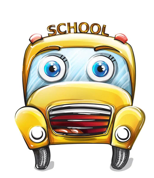 Autobús escolar divertido Vector de dibujos animados. Feliz regreso a los conceptos de la escuela — Archivo Imágenes Vectoriales
