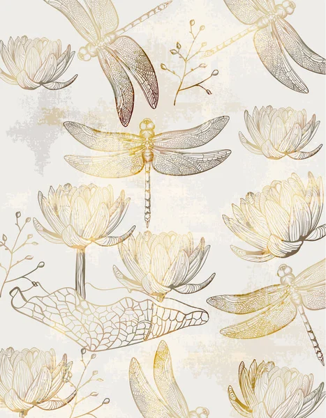 Lotus- und Libellenmustervektorlinienkunst. goldene Textur glänzende Dekore — Stockvektor