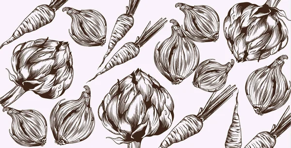 アーティチョークと玉ねぎベクトルラインアート。野菜のパターン新鮮な収穫 — ストックベクタ