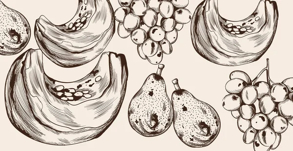Balkabağı dilimi ve meyve desenli sanat vektörü. Sonbahar hasat süslemeleri — Stok Vektör