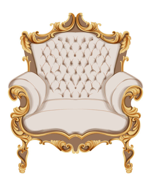 Золотой вектор кресла в стиле барокко. Роскошный дизайн мебели. Богатые украшения Виктории
