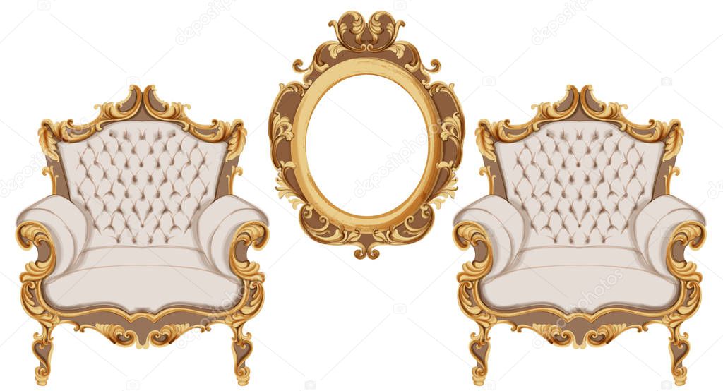 Golden baroque armchair Vector. Luxurious furniture design. Victorian rich ornaments decors