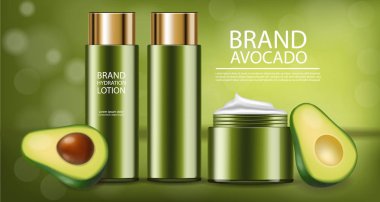 Avokado kreması ve losyon vektörü gerçekçi. Ürün yerleştirme paketi. 3d illüstrasyon