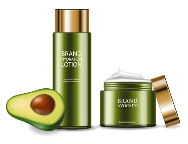 Avokado krem vektör gerçekçi. Ürün yerleştirme paketi. 3d çizimler