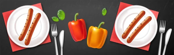 Plaque de cuisson Vector réaliste. Affiche de menu Viandes et légumes. Illustrations 3D détaillées — Image vectorielle