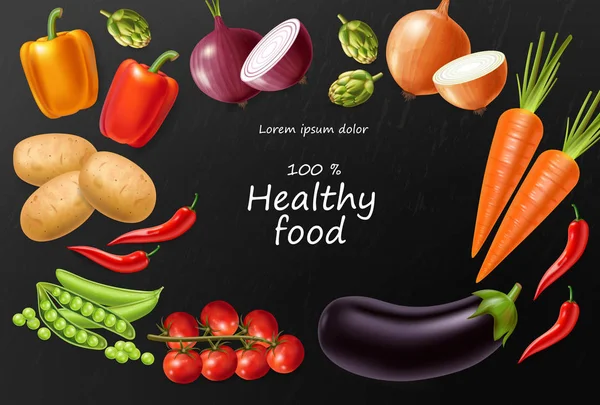 Verduras Vector realista. Banner de berenjenas, tomates y cebollas. Menú de cena vegetariana. Plantillas de alimentos saludables — Vector de stock