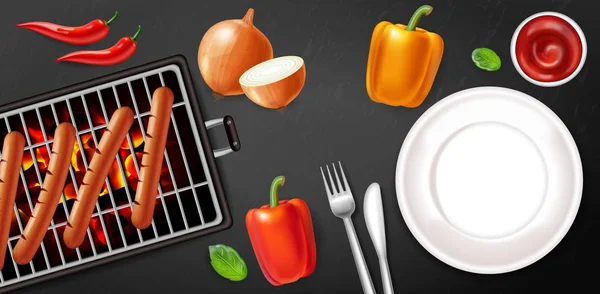 Grill saucisse et assiette vide Vector réaliste. Affiche de menu Viandes et légumes. Illustrations 3D détaillées — Image vectorielle