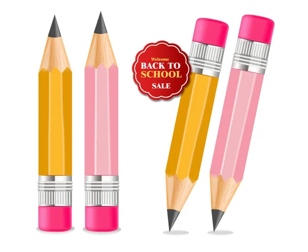 De retour à l'école crayons fournitures vectoriel réaliste. bannière de promotion de vente. illustrations 3D détaillées — Image vectorielle