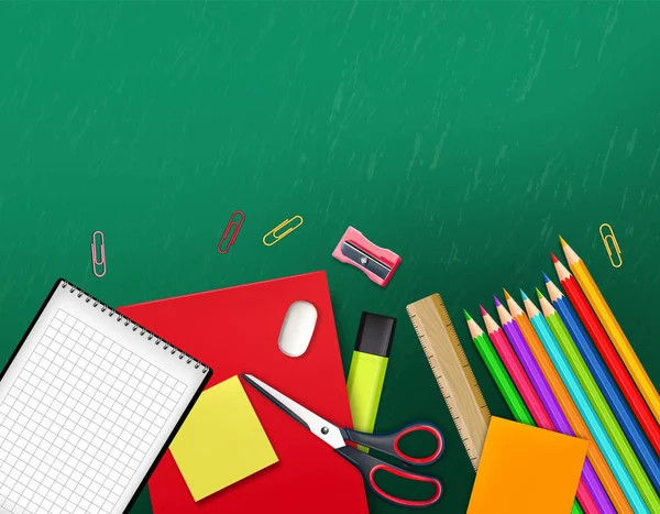 De volta ao material escolar Vector realista. Crayons, régua, notas detalhadas ilustrações 3d — Vetor de Stock