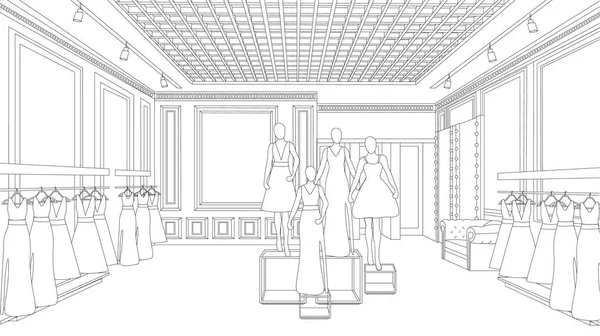 Innenarchitektur Mode Boutique Linie Kunst Hintergrund Vektor Illustration. detaillierte elegante Dekorationen — Stockvektor