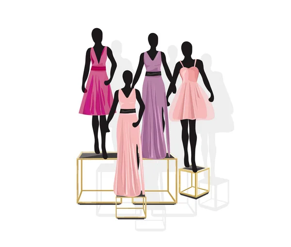 Mannequin Fashion jurken Vector illustratie. Winkelconcept vooraanzichten — Stockvector