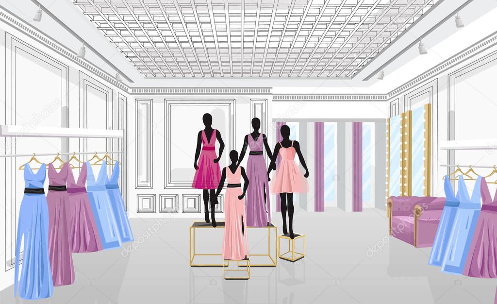 Fashion boutique with dresses Vector illustration. Shop store front views