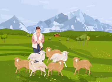 Yaşlı çiftçi koyun taşıyıcısı. Peyzaj arkaplan dağları görünümleri