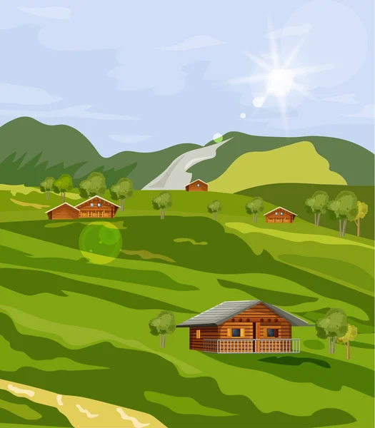 Campagne champs verts d'été Vecteur styles plats. Maisons de provence rustique — Image vectorielle