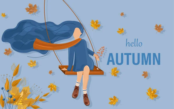 Girl in a swing autumn card Vector flat style. Fall season posters — Stock Vector